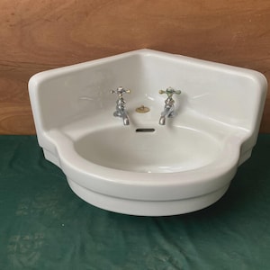 Vtg Mid Century Deco 24" White Ceramic Bath Corner Wall Sink Old Kohler 450-25E