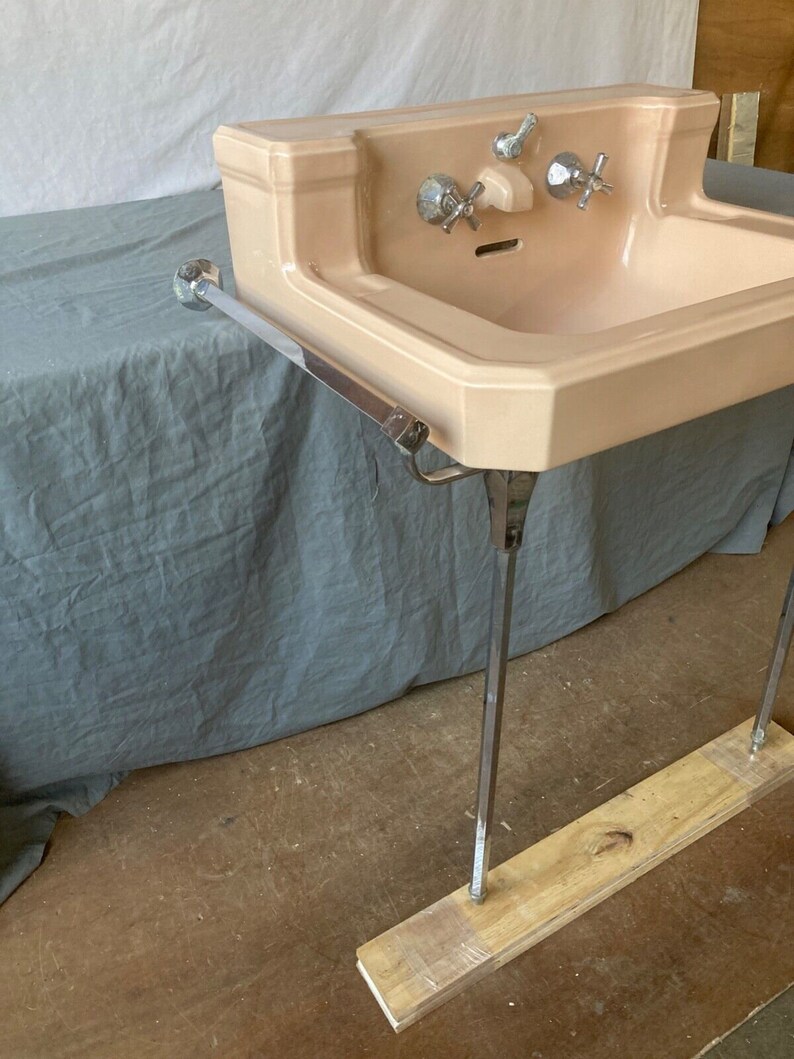 Antique Tan Beige Porcelain Sink Chrome Legs Towel Bars Old Etsy
