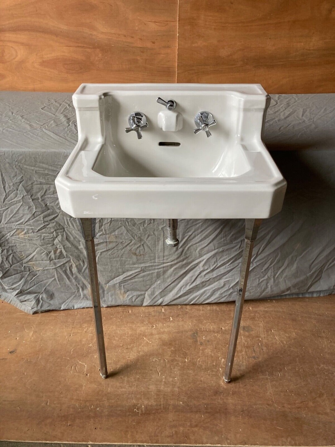 Vtg Mid Century White Porcelain Bath Sink Chrome Legs Old Vtg Standard 50823E Etsy