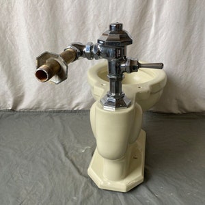 K&ouml;nnte beinhalten: Eine Vintage-Toilette mit einem verchromten Sp&uuml;lventil und einer wei&szlig;en Porzellanglasur. Die Toilette befindet sich in einem Badezimmer.