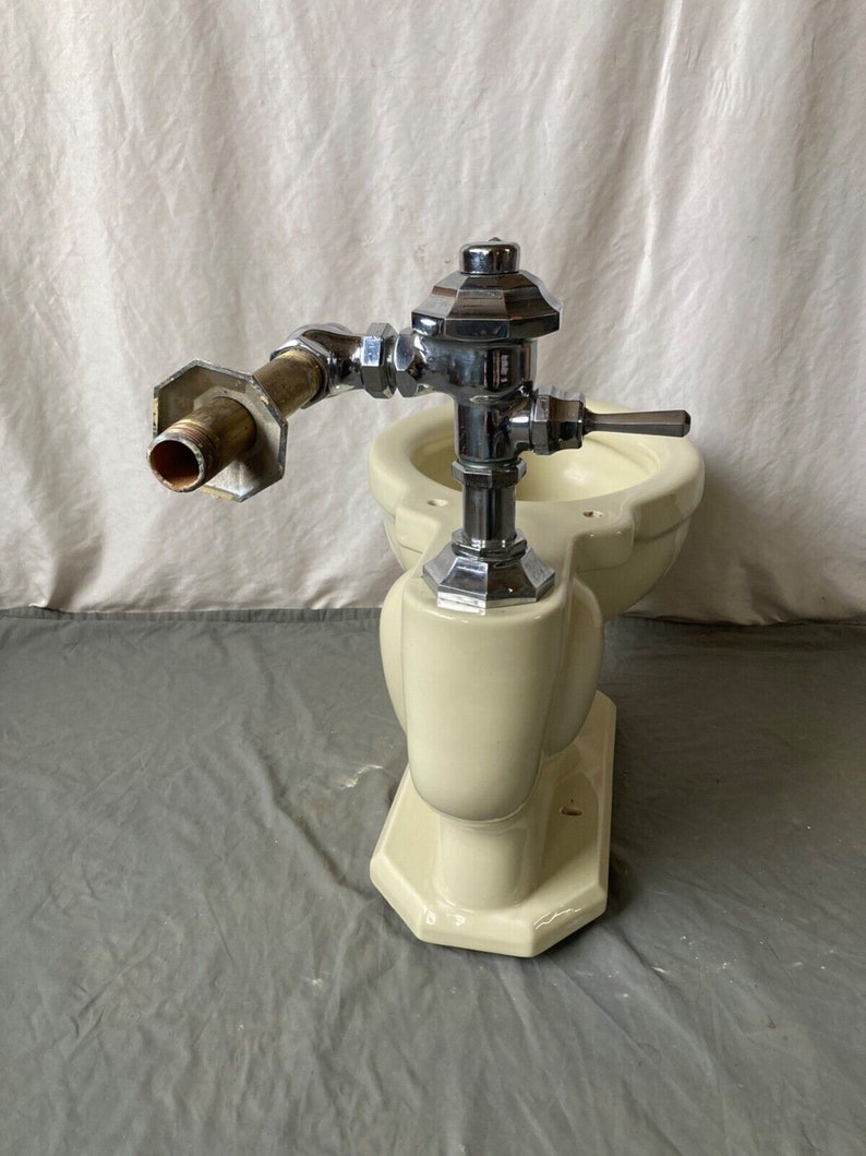 K&ouml;nnte beinhalten: Eine Vintage-Toilette mit einem verchromten Sp&uuml;lventil und einer wei&szlig;en Porzellanglasur. Die Toilette befindet sich in einem Badezimmer.