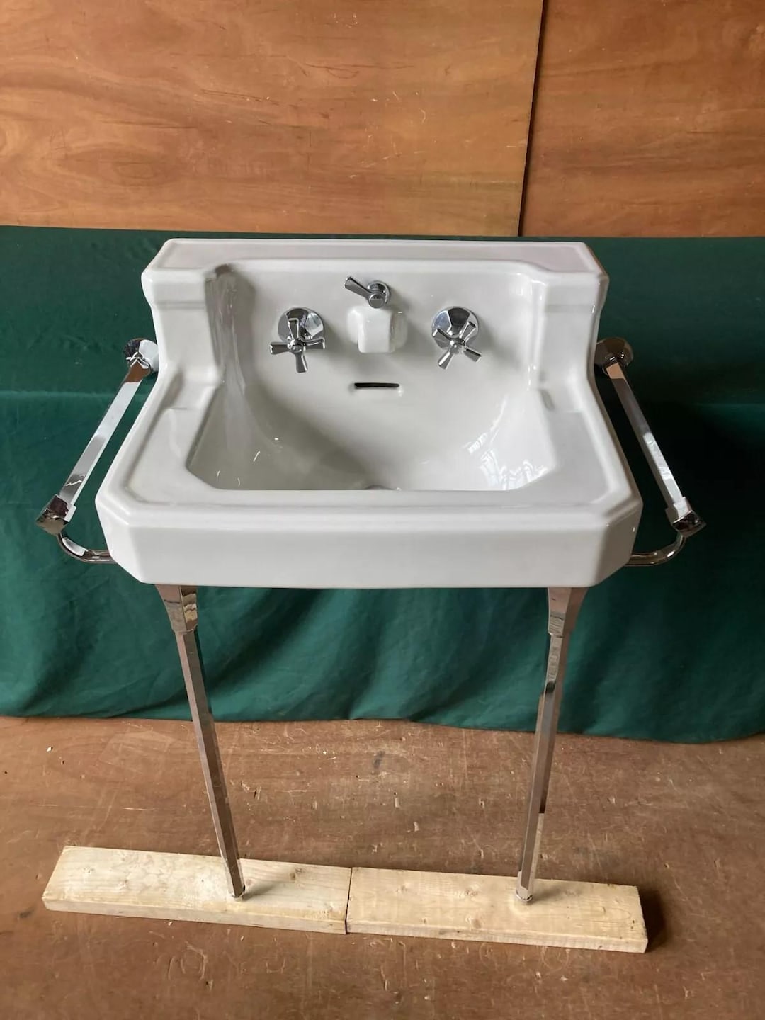 Vintage Sink Mid Century White Porcelain Bath Sink Chrome Legs Towel