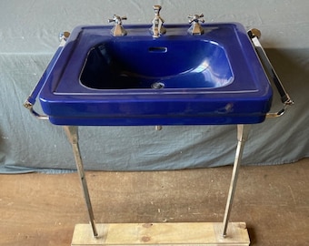 Antique ROYAL COPENHAGEN Cobalt Blue Console Sink Chrome legs Towel Bars 154-23E