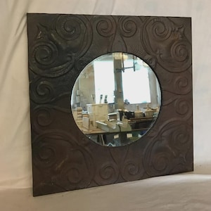 Vintage Decorative Salvaged Tin Ceiling 23" SQ. Rust Round Mirror Metal Old 790-25B