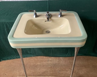 Antique India Ivory Pale Jade Porcelain Console Sink Chrome Brass legs 96-24E **PICK UP ONLY***