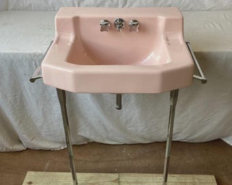 Vtg Mid Century Peachblow Pink Ceramic Bath Sink Chrome legs Towel Bars 244-26E