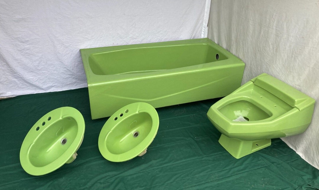 Vtg Fresh Lime Green Bath Set Pair Sinks Lowboy Toilet Bathtub Old