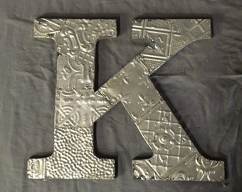 Reclaimed  Tin Ceiling Wrapped 16" Letters "K" Patchwork Metal Silver Wall Hanging 02-19E