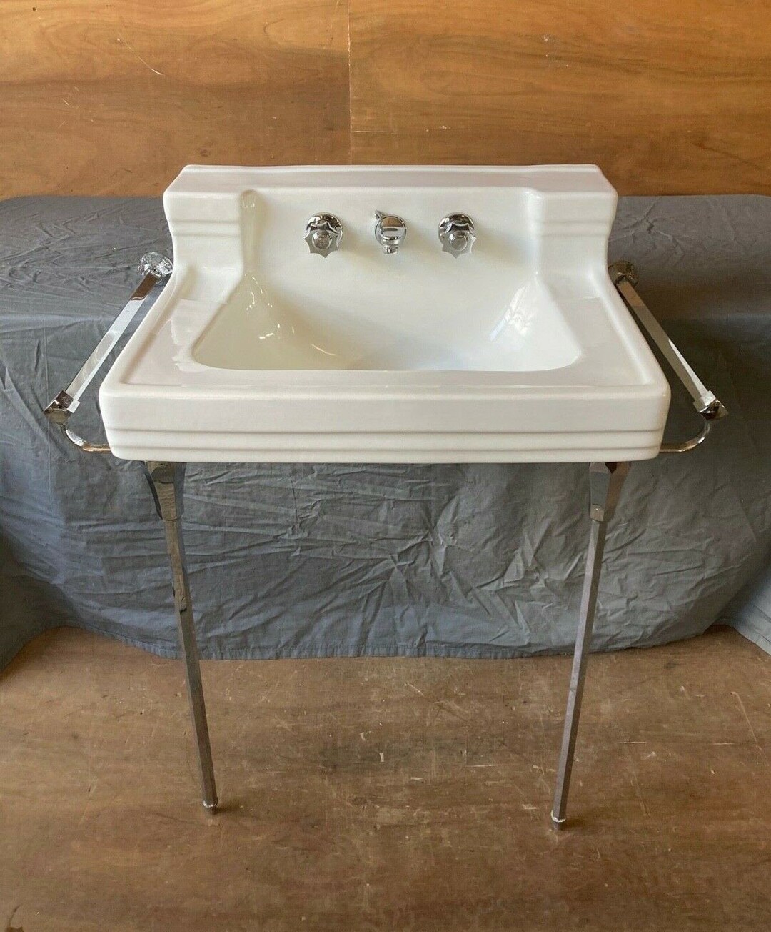 Vtg Mid Century White Porcelain Sink Chrome Legs Towel Bars Etsy