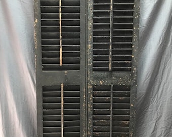 Pair Antique Window Wood 13x70 Louvered Shutters Shabby Green Old VTG 668-23B