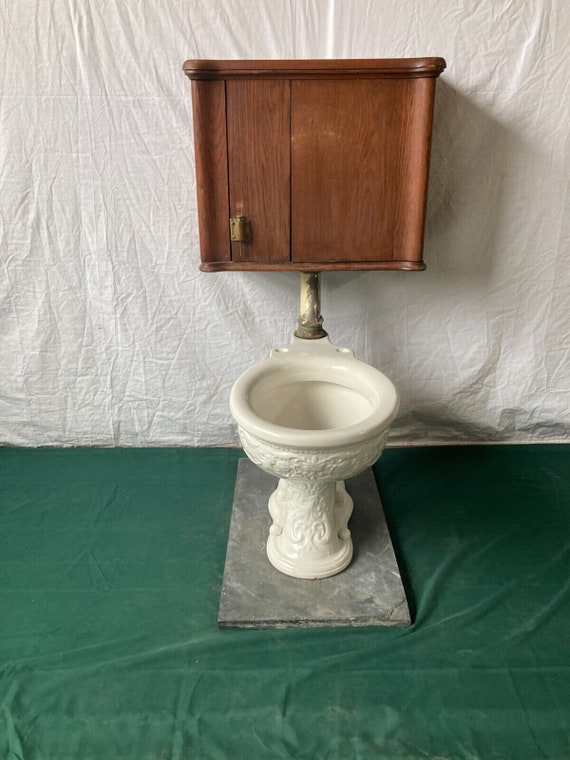 out     ❁toilet♪ドアプレート❁∗︎*゜ Antique White Porcelain Ornate Embossed Toilet Bowl Oak Tank Vtg