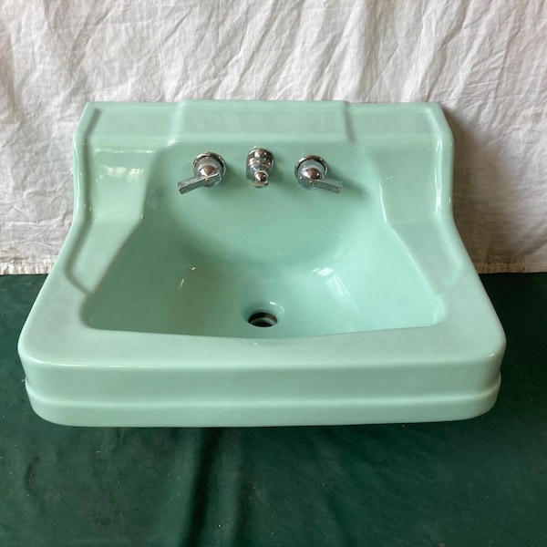 Vintage 22x18 Mid Century Light Bluish Green Ceramic Bathroom Wall Sink 369-25E