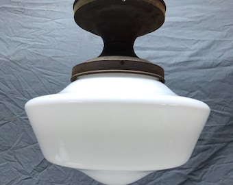 VTG Large 12" Schoolhouse Bank Ceiling Light Milk Glass Globe Old Metal 202-23B