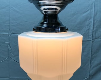 VTG Chrome Brass Skyscraper Ceiling Light Milk Glass Wedding Cake Old 1934-22B