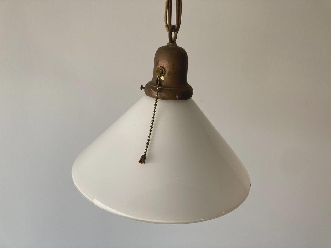 Antique Brass Pendant Ceiling Light Fixture Conical Milk Glass Shade ...