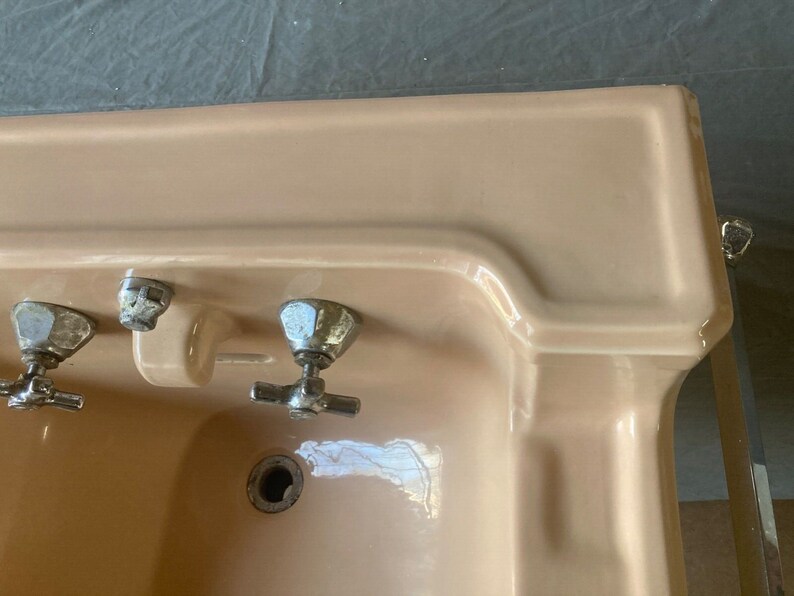 Antique Tan Beige Porcelain Sink Chrome Legs Towel Bars Old Etsy