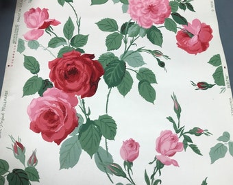 Single VTG Antique Roll 19" Large Red & Pink Roses Floral Wallpaper Old 656-24B