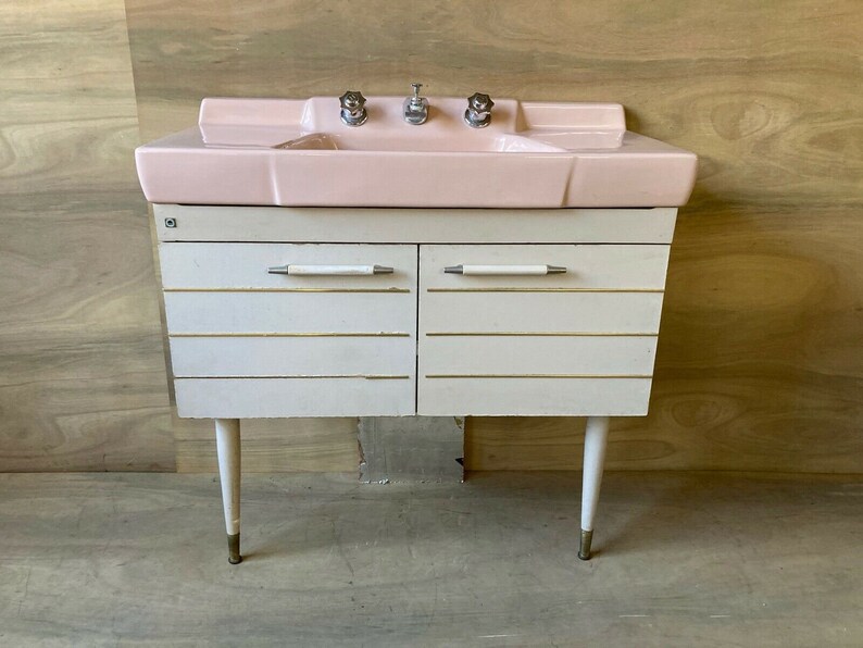 Vtg Mid Century Ceramic Pink Porcelain Vanity Bath Sink Retro Etsy