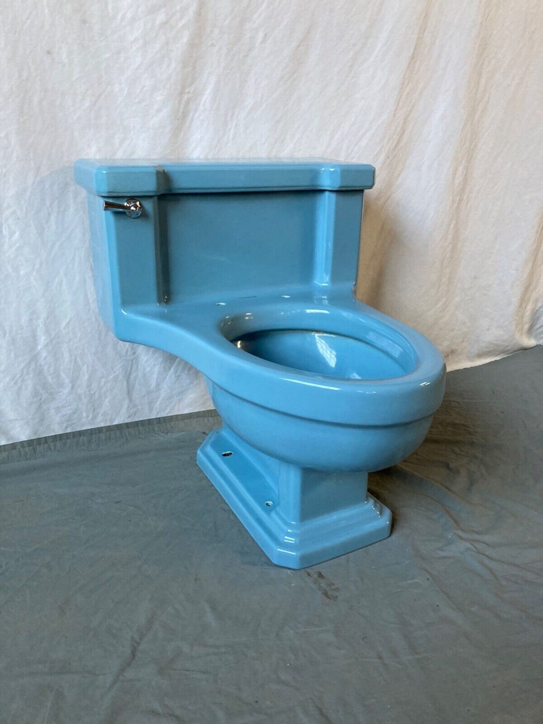 Vtg Mid Century Deco 1 Piece Low Boy Toilet Clair De Lune Blue Standard