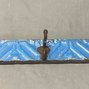 Vintage Decorative Salvaged 23" Tin Ceiling Metal Blue 3 Hook Rack Old 135-25B