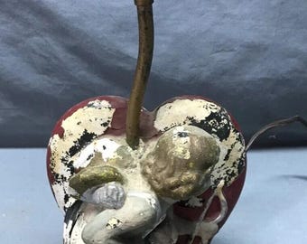 Vintage 12" Tall Ceramic Cupid Shabby Chic Heart Table Lamp Old 380-25B