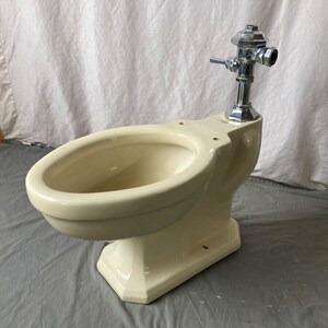 May include: A cream-colored toilet bowl with a chrome flush valve. The toilet bowl is a pedestal style with a rounded bowl and a rectangular base.