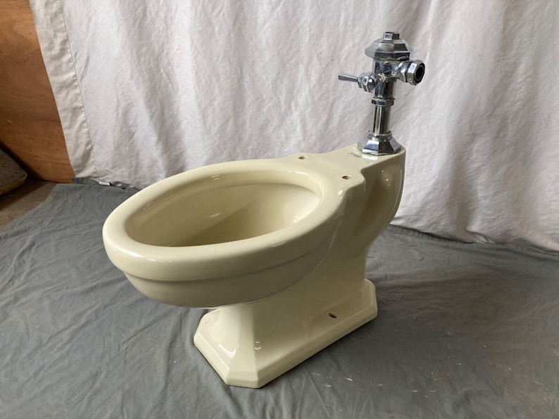 May include: A cream-colored toilet bowl with a chrome flush valve. The toilet bowl is a pedestal style with a rounded bowl and a rectangular base.