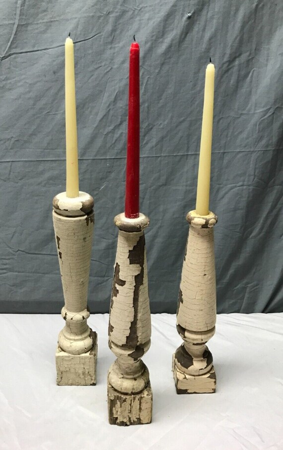 Set 3 Turned Wood Shabby White Spindles Candle Stick Holders