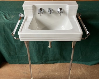 Vtg Mid Century Deco White Bath Sink Chrome legs Towel Bars Old Standard 132-24E