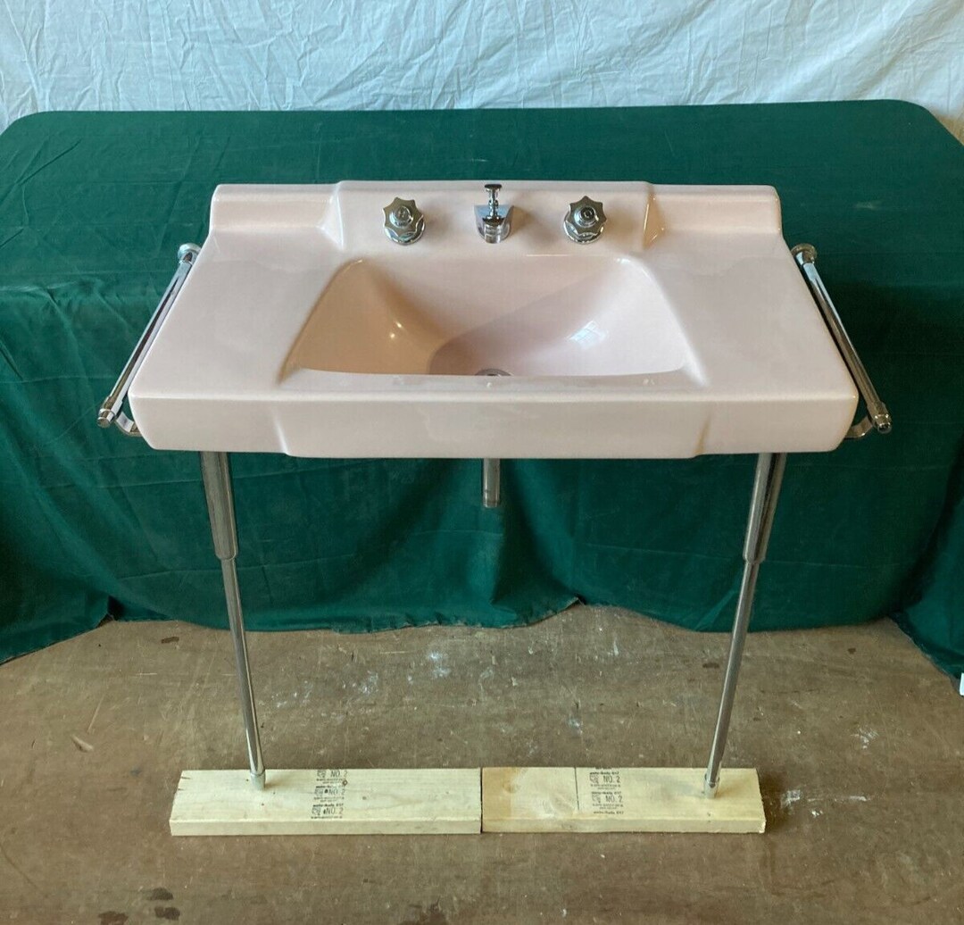 Vtg Mid Century Light Pink Console Bath Sink Chrome Legs Towel Bars Old