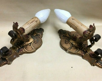 Antique Pair Cast Iron Polychrome Finish Interior Victorian Wall Sconces 18-22B