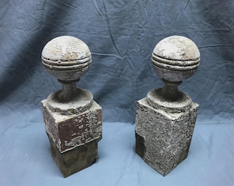 Antique VTG Pair Ball Top Finials Turned Wood Shabby Cottage Chic Old 1200-23B