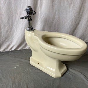 May include: A vintage off-white toilet bowl with a chrome flush valve.