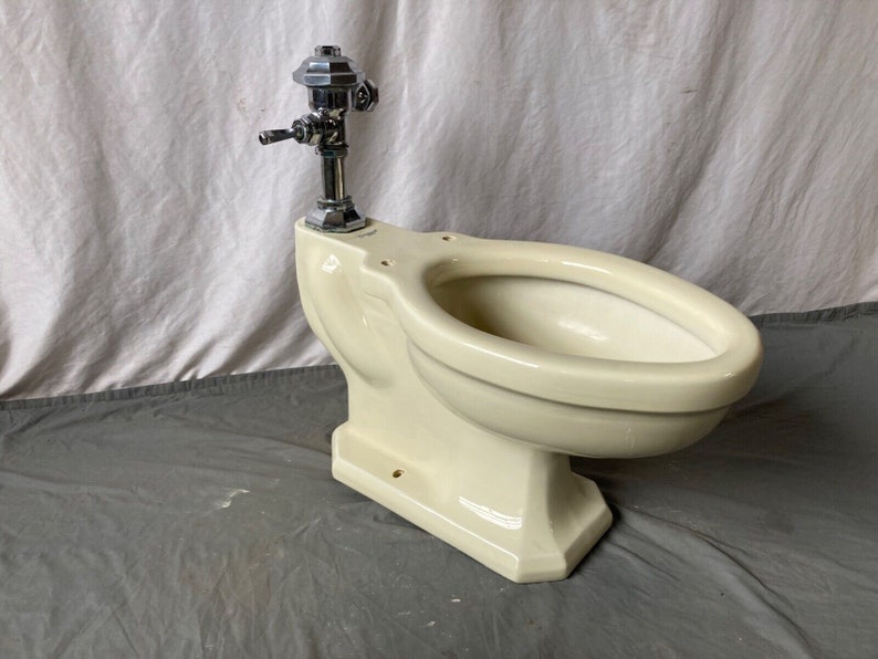 May include: A vintage off-white toilet bowl with a chrome flush valve.