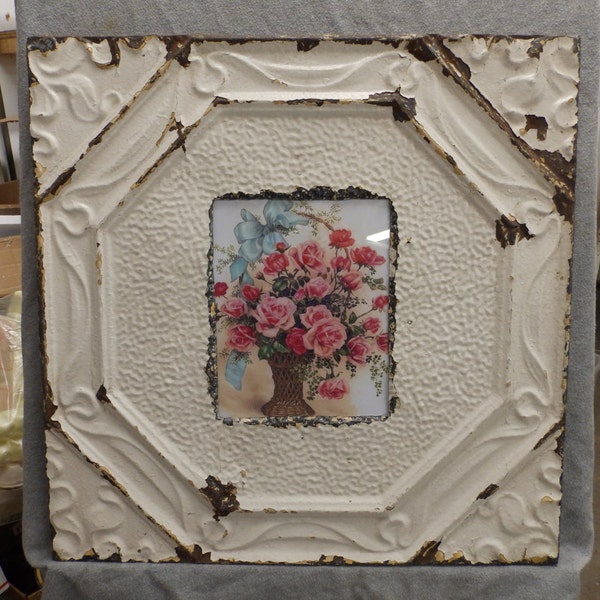 TECHO de ESTAÑO Metal blanco cremoso 8 x 10 marco reciclado Shabby chic 442-16