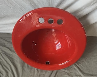 Vtg 19" Round Cast Iron Antique Red Porcelain Self Rimming Drop In Sink 2-25J