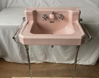 Vtg Mid Century Coral Pink Bath Sink Chrome legs Towel Bars Old Standard 243-26E