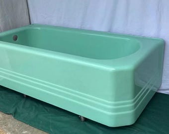 Antique 5' Cast Iron Jadeite Ming Green Porcelain Alcove Tub Left Corner 252-24E ****Pick up****