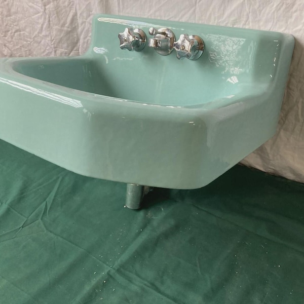 Vtg Mid Century Cast Iron Spruce Green Porcelain Bath Wall Sink Kohler 330-26E