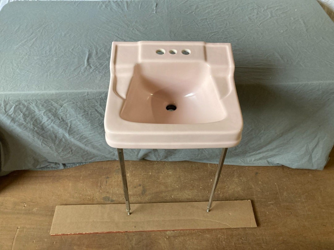 Vtg Mid Century Light Pink Porcelain Bath Sink Chrome Legs Old Etsy