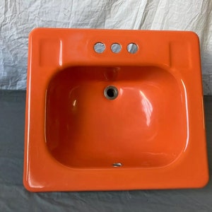 Vintage  21x19 Cast Iron Tiger Lily Orange Porcelain Self Rimming Drop In Sink 161-24