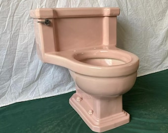 Vtg Mid Century Deco 1 Piece Low Boy Toilet Coral Pink Round Bowl