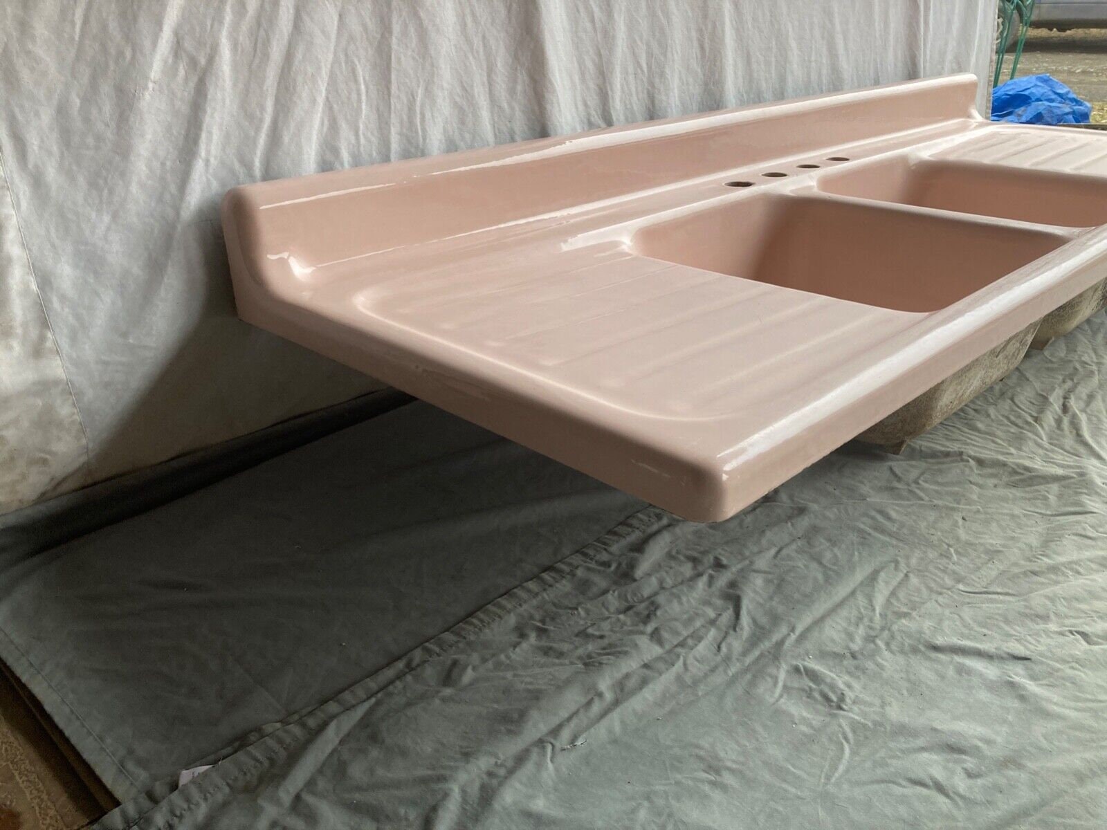 Vintage Mid Century Coral Pink Porcelain Double Basin Drainboard
