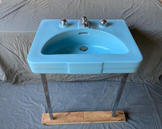 Vtg Mid Century Lucerne Blue Porcelain Bath Sink Chrome Legs Crane Diana 41722E pick up Only Etsy