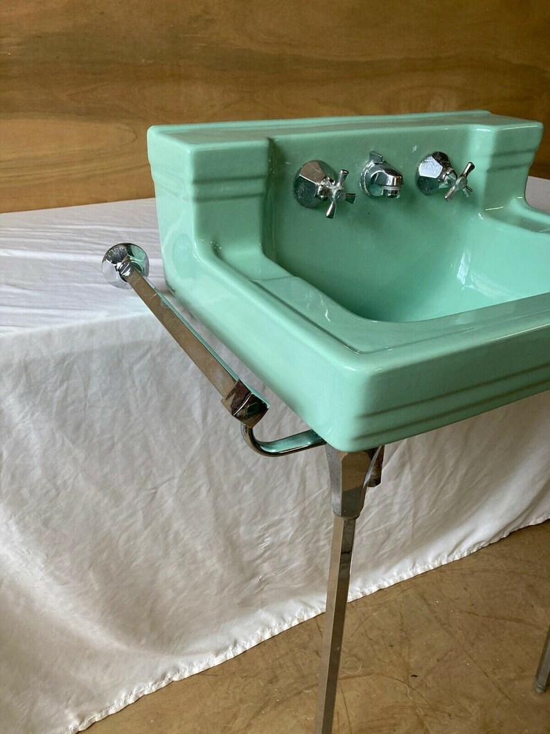 Vtg Deco Jadeite Ming Green Porcelain Wall Sink Chrome legs Etsy
