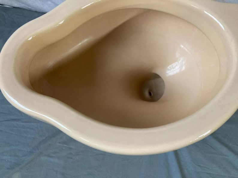 May include: Close-up of the inside of a white ceramic toilet bowl. The bowl is smooth and clean, with a small hole in the center.