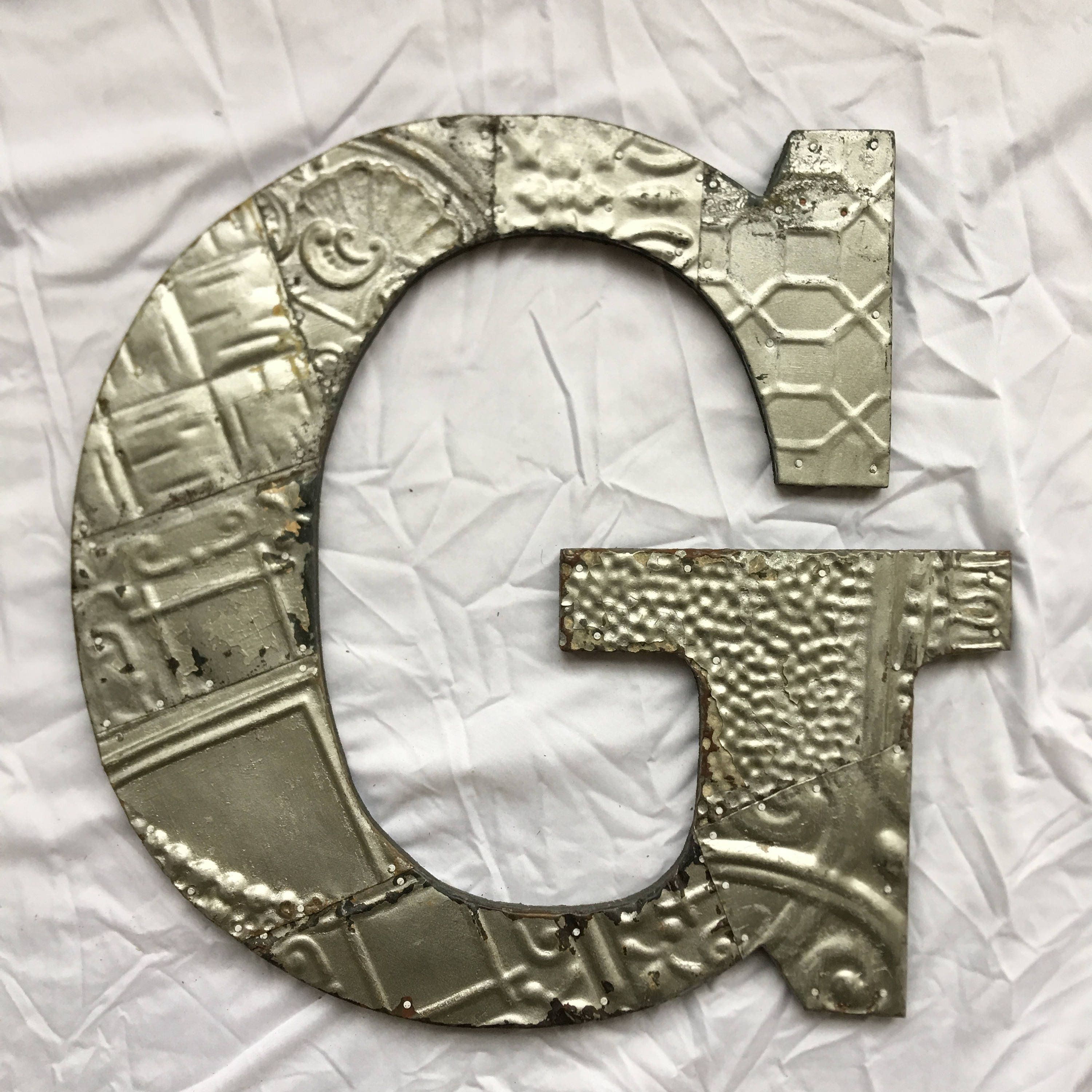 Reclaimed  Tin Ceiling Wrapped 16 Letter G Patchwork Silver Metal Mosaic Wall Hanging 6-18i