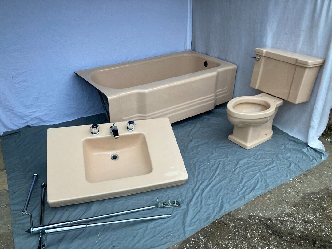 Vtg Mid Century Persian Brown Tan Bath Set Pair Sink Toilet Bathtub 03