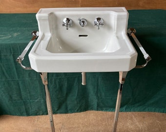 Vtg Mid Century Deco White Bath Sink Chrome legs Towel Bars Old Standard 131-24E