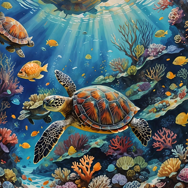 May include: A colourful underwater scene with a large sea turtle swimming through coral reefs. The turtle has a brown, orange, and yellow shell with a green head and flippers. There are smaller fish and coral in the background.